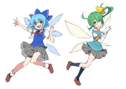 Rule 34 | 2girls, :d, absurdres, alternate costume, black socks, blue bow, blue eyes, blue hair, blue vest, bow, brown footwear, cirno, commentary request, daiyousei, detached wings, fairy, fairy wings, full body, green eyes, green hair, grey skirt, hair bow, highres, ice, ice wings, looking at viewer, miz (mizillustration), multiple girls, open mouth, pleated skirt, shirt, short hair, short sleeves, side ponytail, skirt, smile, socks, teeth, touhou, upper teeth only, vest, white shirt, white socks, wings