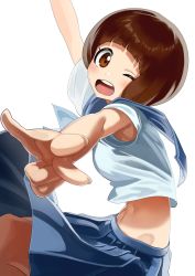 Rule 34 | 1girl, ;d, absurdres, arm up, blue sailor collar, blue skirt, bob cut, brown eyes, brown hair, from side, highres, kill la kill, long skirt, looking at viewer, mankanshoku mako, midriff, navel, one eye closed, open mouth, outstretched arms, pleated skirt, sailor collar, short hair, short sleeves, simple background, skirt, smile, solo, stomach, straight hair, white background, white sailor collar, zyaki