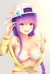 Rule 34 | 1girl, :d, arm up, bare shoulders, baseball cap, bb (fate), bb (fate) (all), bb (swimsuit mooncancer) (fate), bb (swimsuit mooncancer) (first ascension) (fate), bikini, blush, braid, breasts, cleavage, collarbone, endsmall min, fate/grand order, fate (series), front-tie top, gradient background, grey background, hair between eyes, hat, hat ornament, highres, jacket, long hair, long sleeves, medium breasts, navel, open mouth, purple eyes, purple hair, revision, round teeth, sideways hat, signature, single braid, smile, solo, star (symbol), swimsuit, teeth, upper body, upper teeth only, v-shaped eyebrows, very long hair, white background, white bikini, white hair, yellow jacket