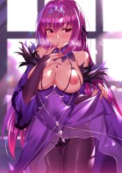 Rule 34 | 1girl, absurdres, bare shoulders, blush, breasts, dress, fate/grand order, fate (series), fur-trimmed dress, fur trim, hair between eyes, hair intakes, heiyan shenshi, highres, large breasts, long hair, long sleeves, looking at viewer, nipples, pantyhose, parted lips, purple dress, purple hair, red eyes, scathach (fate), scathach skadi (fate), solo, standing, tiara