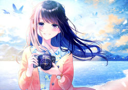 Rule 34 | 1girl, beach, black hair, blue dress, blue sky, blush, braid, brand name imitation, brown jacket, camera, canon (company), cloud, cloudy sky, commentary request, day, dress, fingernails, floating hair, floral print, glint, grin, head tilt, holding, holding camera, jacket, kashiwabara en, lake, long hair, long sleeves, looking at viewer, mountain, open clothes, open jacket, original, outdoors, print dress, purple eyes, sand, sky, smile, solo, upper body, watch, water, wristwatch