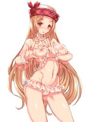 Rule 34 | 10s, 1girl, ass, bare shoulders, blonde hair, blush, breasts, brown eyes, diola (granblue fantasy), frilled panties, frills, gluteal fold, granblue fantasy, groin, harigane shinshi, hat, heart, heart-shaped boob challenge, heart hands, highres, looking at viewer, navel, nipple press, nipple stimulation, nipples, panties, scrunchie, see-through, simple background, solo, underwear, white background, wrist scrunchie