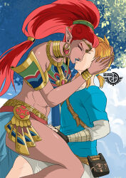 Rule 34 | 1boy, 1girl, absurdres, artist name, blonde hair, blue lips, blush, bracelet, closed eyes, collar, dark-skinned female, dark skin, earrings, elf, face-to-face, gerudo, hand on another&#039;s face, hand on another&#039;s leg, high ponytail, highres, hoop earrings, jewelry, joao segura, kiss, link, lipstick, long hair, makeup, nintendo, pointy ears, ponytail, red hair, short hair, short ponytail, signature, the legend of zelda, the legend of zelda: breath of the wild, urbosa