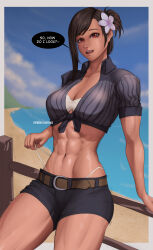 Rule 34 | 1girl, abs, absurdres, adjusting clothes, adjusting swimsuit, against railing, beach, belt, bikini, black hair, breasts, brown eyes, cleavage, cloud, final fantasy, final fantasy vii, flower, fluffydus, front-tie top, hair bun, hair flower, hair ornament, highleg, highleg swimsuit, highres, large breasts, medium breasts, muscular, muscular female, navel, panty straps, railing, shorts, solo, speech bubble, swimsuit, thick thighs, thighs, tifa lockhart, white bikini