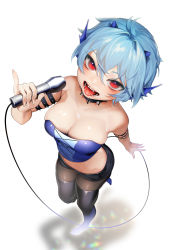 Rule 34 | 1girl, absurdres, ahoge, arm at side, arm strap, bad id, bad pixiv id, bare arms, bare shoulders, black footwear, black pantyhose, black shorts, blue hair, boots, breasts, choker, cleavage, collarbone, cowboy shot, fangs, fingernails, fins, fish girl, from above, full body, hair between eyes, hand up, head fins, highres, holding, holding microphone, large breasts, long fingernails, looking at viewer, looking up, mermaid melody pichi pichi pitch, microphone, mimi (mermaid melody pichi pichi pitch), monster girl, music, ohisashiburi, pantyhose, pinky out, red eyes, short hair, short shorts, shorts, signature, simple background, singing, skindentation, slit pupils, solo, spiked choker, spikes, standing, strapless, teeth, thigh boots, thighhighs, tongue, tongue out, upper teeth only, white background