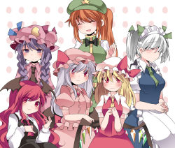 Rule 34 | 3:, 6+girls, :3, :d, ^ ^, alternate costume, alternate hair length, alternate hairstyle, apron, ascot, bad id, bad pixiv id, bat wings, blonde hair, blush, bow, braid, breasts, closed eyes, demon wings, embarrassed, expressionless, closed eyes, flandre scarlet, hair ribbon, hammer (sunset beach), own hands clasped, hat, head wings, hong meiling, izayoi sakuya, koakuma, large breasts, long hair, looking at viewer, mob cap, multiple girls, open mouth, own hands together, patchouli knowledge, polka dot, polka dot background, ponytail, red eyes, red hair, remilia scarlet, ribbon, short hair, short twintails, smile, embodiment of scarlet devil, touhou, twin braids, twintails, two side up, waist apron, wavy hair, wavy mouth, wings