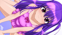 Rule 34 | 1girl, absurdres, breasts, casual one-piece swimsuit, collarbone, frilled one-piece swimsuit, frills, from above, highres, long hair, looking at viewer, looking up, one-piece swimsuit, original, pink one-piece swimsuit, purple eyes, purple hair, small breasts, smile, solo, sugimura tomokazu, swimsuit, swimsuit skirt, two side up