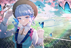 Rule 34 | 1girl, absurdres, artue, ayaka (genshin impact), blue eyes, blue hair, blunt bangs, blunt tresses, braid, breasts, bug, butterfly, butterfly hair ornament, character name, closed mouth, commentary request, fence, flower, genshin impact, hair flower, hair ornament, hands up, hat, highres, insect, kamisato ayaka, kamisato ayaka (springbloom missive), light blue hair, looking at viewer, medium breasts, mole, mole under eye, official alternate costume, official alternate hairstyle, pink nails, smile, solo, upper body