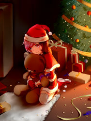 Rule 34 | blush, boots, brown hair, capelet, christmas ornaments, christmas tree, fur-trimmed boots, fur-trimmed capelet, fur-trimmed gloves, fur trim, gift, gloves, hair over one eye, hat, highres, looking at viewer, neo politan, pink eyes, pink hair, red gloves, rwby, santa costume, santa hat, sitting, smile, solo, stuffed animal, stuffed toy, teddy bear, thighhighs, tl (xdd), wariza, white thighhighs