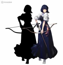 Rule 34 | 1girl, alternate costume, archery, arrow (projectile), artist request, black gloves, black hair, blue hakama, blunt bangs, blunt ends, bow (weapon), closed mouth, company name, english text, flower tassel, full body, gloves, green eyes, hakama, hakama skirt, japanese clothes, kimono, kitaooji hanabi, kyuudou, logo, muneate, no shoes, official art, orange tassel, partially fingerless gloves, partly fingerless gloves, sakura taisen, sakura taisen iii, sega, short hair, silhouette, simple background, single glove, skirt, sleeves rolled up, smile, socks, solo, straight hair, third-party source, watermark, weapon, white background, white kimono, white socks, yugake, yumi (bow)