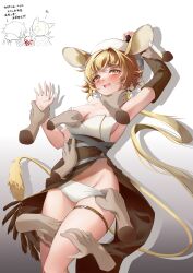 Rule 34 | 1girl, absurdres, adapted costume, animal ears, arknights, arm grab, armpits, arms up, blonde hair, blush, breasts, brown gloves, brown skirt, character request, chibi, chibi inset, cleavage, disembodied limb, dorothy (arknights), elbow gloves, feet out of frame, gloves, gradient background, grey background, hat, high-waist skirt, highres, large breasts, long hair, low ponytail, mouse ears, mouse girl, mouse tail, panties, panty pull, pulling another&#039;s clothes, rinf, single glove, skirt, solo focus, standing, strapless, tail, thigh strap, translation request, underwear, white headwear, white panties, yellow eyes