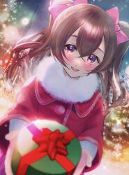 Rule 34 | 1girl, :d, absurdres, blurry, blurry foreground, blush, bow, brown hair, christmas present, coat, commentary request, delicious party precure, gift, hair between eyes, hair bow, highres, holding, long hair, long sleeves, looking at viewer, minccino7, nagomi yui, open mouth, partial commentary, pink bow, precure, red coat, red eyes, smile, solo, twintails, winter