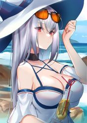 Rule 34 | 1girl, arknights, bad id, bad pixiv id, bare shoulders, black choker, blush, breasts, choker, cleavage, collarbone, commentary request, cup, drinking glass, eyewear on head, hair between eyes, hand up, hat, highres, kernel killer, large breasts, long hair, looking at viewer, off-shoulder shirt, off shoulder, official alternate costume, red eyes, revision, shirt, short sleeves, silver hair, skadi (arknights), skadi (waverider) (arknights), sun hat, sunglasses, upper body, white headwear, white shirt