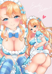 Rule 34 | 1girl, alternate costume, ass, azur lane, blonde hair, blue bow, blue dress, blue eyes, blush, bow, breasts, character name, cleavage, closed mouth, clothes lift, commentary, covered erect nipples, detached collar, dress, dress lift, emile bertin (azur lane), emile bertin (maid fantastique) (azur lane), from behind, gloves, hair bow, half-closed eyes, heart, knees up, large breasts, lifting own clothes, long hair, looking at viewer, looking back, maid headdress, multiple views, open mouth, panties, puffy short sleeves, puffy sleeves, short sleeves, simple background, smile, souen hiro, striped clothes, striped thighhighs, thighhighs, thighs, underwear, v arms, white gloves, white panties