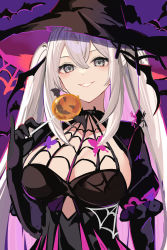Rule 34 | 1girl, absurdres, black dress, black eyes, black hat, breasts, candy, dress, food, grin, halloween, hat, highres, juliet sleeves, large breasts, lollipop, long sleeves, original, puffy sleeves, sidelocks, smile, solo, takehana note, two side up, upper body, white hair, witch, witch hat