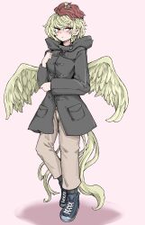 Rule 34 | 1girl, absurdres, alternate costume, animal, animal on head, bird, bird on head, bird wings, black footwear, black jacket, blonde hair, brown pants, chick, closed mouth, contrapposto, cross-laced footwear, fe (tetsu), full body, highres, jacket, multicolored hair, niwatari kutaka, on head, pants, pink background, pocket, red eyes, red hair, short hair, simple background, solo, standing, touhou, two-tone hair, wings, yellow wings