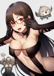 Rule 34 | 1boy, 1girl, animal, armpits, arms up, bare shoulders, bird, black-framed eyewear, black gloves, black hair, blush, breasts, cleavage, collar, collarbone, commentary request, elbow gloves, fate/grand order, fate (series), gloves, grey background, kyoeiki, large breasts, long hair, navel, open mouth, red eyes, revealing clothes, ribbon trim, simple background, upper body, v-shaped eyebrows, very long hair, xiang yu (fate), yu mei-ren (fate)