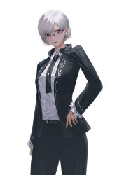 Rule 34 | 1girl, final fantasy, final fantasy xiv, formal, fov ps, glasses, hyur (ff14), long sleeves, looking at viewer, red eyes, short hair, simple background, solo, suit, white hair