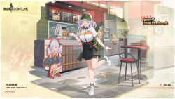 Rule 34 | 1girl, ;d, apron, black apron, black skirt, blush, booth seating, breasts, burger, cash register, ceiling light, chair, character cutout, character name, coffee maker, collared shirt, combat shotgun, commentary, copyright name, counter, dual-mode shotgun, employee uniform, english commentary, english text, fast food, fast food uniform, fingernails, flyer, food, franchi, full body, girls&#039; frontline, green bag, green hat, green socks, gun, hat, highres, holding flyer, large breasts, looking at viewer, menu board, napkin, official alternate costume, official art, one eye closed, open mouth, pump-action shotgun, pump action, restaurant, second-party source, semi-automatic firearm, semi-automatic shotgun, shadow, shirt, short sleeves, shotgun, skirt, smile, socks, soda fountain, solo, spas-12 (girls&#039; frontline), spas-15, spas-15 (girls&#039; frontline), spas-15 (miss pittsburgh) (girls&#039; frontline), standing, standing on one leg, table, teeth, tile floor, tiles, u jie, uniform, upper teeth only, visor cap, waist apron, watch, weapon, white footwear, white shirt, wristwatch