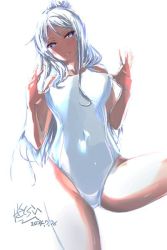 Rule 34 | 1girl, blue eyes, dated, leg up, long hair, maccyon, one-piece swimsuit, original, signature, simple background, solo, standing, standing on one leg, swimsuit, white background, white hair, white one-piece swimsuit