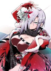 Rule 34 | 1girl, blue eyes, box, breasts, christmas, cleavage, commentary request, commission, erotunabe, fingerless gloves, fur trim, gift, gift box, girls&#039; frontline, gloves, grey hair, hair over one eye, highres, holding, holding mistletoe, large breasts, looking at viewer, mg5 (crimson guardian) (girls&#039; frontline), mg5 (girls&#039; frontline), mistletoe, official alternate costume, red gloves, scarf, short hair, skeb commission, smile, solo