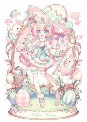Rule 34 | 1girl, animal ears, blue eyes, bow, dress, easter, easter egg, egg, flower, full body, hair flower, hair ornament, highres, holding, holding staff, hyou (pixiv3677917), multicolored eyes, original, pink eyes, pink footwear, pink hair, rabbit, rabbit ears, rabbit girl, simple background, staff, standing, star-shaped pupils, star (symbol), symbol-shaped pupils, teeth, upper teeth only, white background