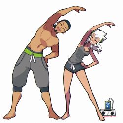 Rule 34 | 1boy, 1girl, arm up, artist name, bare arms, barefoot, black hair, black shorts, burnet (pokemon), capri pants, closed eyes, commentary request, creatures (company), eyelashes, facial hair, game freak, grey tank top, hand on own hip, happy, highres, husband and wife, kukui (pokemon), long hair, mayuzumi, music, nintendo, open mouth, pants, pokemon, pokemon sm, shorts, smile, stretching, tank top, teeth, toes, tongue, watermark, white hair