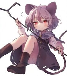 Rule 34 | 1girl, animal ears, ar (maeus), ass, black dress, black footwear, blue capelet, blush, boots, capelet, closed mouth, dowsing rod, dress, eighth note, grey hair, hair between eyes, long sleeves, mouse ears, mouse tail, musical note, nazrin, panties, red eyes, short hair, simple background, solo, tail, touhou, underwear, white background, white panties