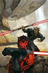 Rule 34 | 2boys, absurdres, alien, armor, bad source, black gloves, brothers, colored skin, darth maul, double bladed lightsaber, energy sword, gloves, highres, holding lightsaber, horns, lightsaber, looking at viewer, multiple boys, red eyes, red lightsaber, red skin, savage opress, siblings, sith, star wars, sword, tattoo, teeth, weapon, yellow skin, zabrak