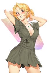 Rule 34 | 1girl, bare arms, blonde hair, blush, breasts, brown eyes, collarbone, commentary, contrapposto, cowboy shot, dress, earrings, english commentary, eyes visible through hair, grey dress, hair tie in mouth, highres, jewelry, looking at viewer, low neckline, medium breasts, medium hair, mleth, mouth hold, necklace, no bra, original, parted bangs, short sleeves, simple background, solo, stina (mleth), tying hair, white background