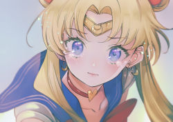 Rule 34 | 1girl, bishoujo senshi sailor moon, blonde hair, blue eyes, blue sailor collar, bow, choker, circlet, collarbone, crescent, crescent earrings, crying, crying with eyes open, derivative work, double bun, earrings, flying teardrops, hair bun, hair ornament, heart, heart choker, highres, jewelry, long hair, meme, minamoto you, parted bangs, red bow, red choker, red neckwear, sailor collar, sailor moon, sailor moon redraw challenge (meme), screenshot redraw, shirt, short sleeves, signature, solo, tears, tiara, tsukino usagi, twintails, upper body, white shirt
