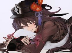 Rule 34 | 1girl, absurdres, black hat, brown hair, brown shirt, chinese clothes, flower, genshin impact, hat, hat flower, highres, hu tao (genshin impact), jewelry, koba (jdhikdjdkfiwufh), long sleeves, looking at viewer, lying, multiple rings, nail polish, on stomach, parted lips, red eyes, ring, shirt, simple background, smile, solo, white background