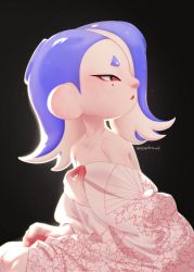 Rule 34 | 1girl, absurdres, bare shoulders, black background, blue hair, hair over one eye, highres, japanese clothes, kimono, lencedraws, looking to the side, nintendo, red eyes, red lips, shiver (splatoon), solo, splatoon (series), splatoon 3, tentacle hair