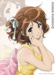 Rule 34 | 10s, 1girl, brown eyes, brown hair, character name, dress, hair ribbon, hands on own cheeks, hands on own face, hibike! euphonium, highres, ikeda shouko, kyoto animation, official art, oumae kumiko, ribbon, solo, yellow dress, zoom layer