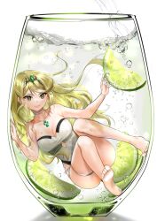 Rule 34 | 1girl, artist name, bare shoulders, barefoot, blonde hair, dated, food, fruit, glasses, highres, in water, lemon, mythra (radiant beach) (xenoblade), mythra (xenoblade), nayuta-kanata, one-piece swimsuit, smile, solo, strapless, strapless one-piece swimsuit, swept bangs, swimsuit, thigh strap, tiara, xenoblade chronicles (series), xenoblade chronicles 2
