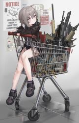 Rule 34 | 1girl, absurdres, bare legs, blush, bullet, bullpup, collared jacket, crossed bangs, english text, fur-trimmed headwear, fur trim, girls&#039; frontline, grey hair, gun, hand on own hip, hat, highres, jacket, m200 (girls&#039; frontline), miniskirt, notice lines, original, poster (object), purple eyes, red hat, sawkm, security camera, sex toy, shopping cart, sitting, skirt, solo, too many, too many sex toys, weapon, white hat