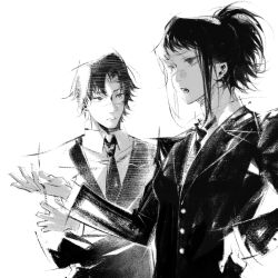 Rule 34 | 1boy, 1girl, black hair, black necktie, chainsaw man, collared shirt, crossed arms, formal, hand on own hip, high ponytail, highres, kurose yuutarou, looking at another, looking to the side, messy hair, necktie, open mouth, scar, scar on face, shirt, short hair, sidelocks, simple background, suit, tendou michiko, tuzaixia, white background, white shirt
