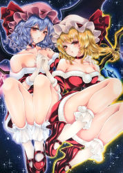 Rule 34 | 2girls, alternate costume, bare shoulders, bat wings, belt, blonde hair, blue hair, bobby socks, bow, breasts, brown belt, buckle, choker, christmas, collarbone, crystal, dress, eyelashes, flandre scarlet, fur trim, gloves, hand on another&#039;s shoulder, hat, hat bow, hat ribbon, highres, holding hands, knees, legs, light blue hair, looking at viewer, marker (medium), mary janes, mktr (princess mktr), mob cap, multiple girls, off-shoulder dress, off shoulder, one side up, red bow, red choker, red eyes, red footwear, red ribbon, remilia scarlet, ribbon, santa costume, shoes, siblings, side ponytail, sisters, small breasts, socks, sparkle, touhou, traditional media, white gloves, white headwear, white legwear, wings