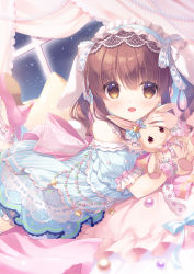 Rule 34 | 1girl, :d, animal ears, bare shoulders, bed sheet, blue dress, brown eyes, brown hair, commentary request, curtains, dress, hair between eyes, high heels, idolmaster, idolmaster cinderella girls, indoors, kemonomimi mode, leg up, looking at viewer, ogata chieri, open mouth, pink footwear, puffy short sleeves, puffy sleeves, rabbit ears, shoe soles, short sleeves, smile, solo, star-shaped pillow, striped clothes, striped dress, stuffed animal, stuffed rabbit, stuffed toy, twintails, vertical-striped clothes, vertical-striped dress, window, wrist cuffs, yukie (peach candy)