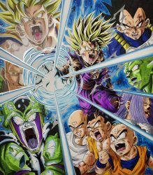 Rule 34 | absolutely everyone, android 16, armor, black eyes, black hair, blonde hair, blouse, blue eyes, cell (dragon ball), commentary request, dougi, dragon ball, dragonball z, everyone, father-son kamehameha, father and son, highres, kamehameha (dragon ball), kasuteraboy25, kuririn, looking at another, looking at viewer, male focus, multiple boys, muscular, open mouth, perfect cell, piccolo, saiyan, saiyan armor, scar, serious, shirt, son gohan, son goku, spiked hair, super saiyan, super saiyan 2, tenshinhan, toei animation, torn clothes, trunks (dragon ball), trunks (future) (dragon ball), vegeta, white shirt, yamcha