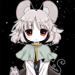 Rule 34 | 1girl, animal ears, bad id, bad pixiv id, biyon, black background, black skirt, black vest, blush stickers, capelet, commentary request, flying sweatdrops, grey hair, long sleeves, looking at viewer, lowres, mouse (animal), mouse ears, nazrin, red eyes, shirt, skirt, solo, tail, touhou, twitter username, upper body, vest, white shirt
