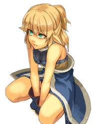 Rule 34 | 1girl, bad id, bad pixiv id, bare shoulders, blonde hair, breasts, cleavage, face, fang, female focus, fingerless gloves, gloves, green eyes, long hair, medium breasts, mizuhashi parsee, pointy ears, ponytail, solo, squatting, touhou, v arms, yuuji (and)
