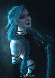 Rule 34 | 1girl, :d, alternate costume, artist name, bare shoulders, black background, black choker, black dress, black gloves, blue hair, braid, breasts, choker, cloud tattoo, detached sleeves, dress, earrings, gloves, gradient background, grey background, highres, jewelry, jinx (league of legends), league of legends, lefthandchi, long hair, necklace, open mouth, shell, shell necklace, small breasts, smile, solo, teeth, upper body