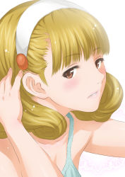 Rule 34 | 1girl, adjusting hair, anegasaki nene, bare shoulders, blonde hair, blush, blush stickers, brown eyes, cosplay, hairband, hand on own head, joy ride, kise yayoi, looking at viewer, precure, profile, short hair, smile precure!, solo, white background, white hairband