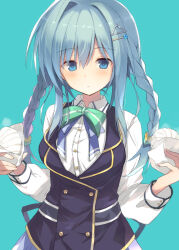 Rule 34 | 1girl, aqua background, baozi, black vest, blue eyes, blue hair, blush, bokura no houkago sensou!, bow, braid, closed mouth, collared shirt, commentary, dress shirt, expressionless, food, green bow, hair between eyes, hair intakes, hair ornament, hairclip, holding, holding food, honjou hisui, long hair, long sleeves, looking at viewer, nagesuteaka, school uniform, shirt, simple background, solo, triangle hair ornament, twin braids, upper body, vest, w arms, white shirt