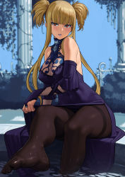 Rule 34 | 1girl, aoki hagane no arpeggio, bare shoulders, blunt bangs, blurry, blurry background, blush, breasts, bridal gauntlets, brown eyes, brown pantyhose, cleavage, commentary request, covered navel, depth of field, dress, empty eyes, fingerless gloves, foreshortening, gloves, highres, kongou (aoki hagane no arpeggio), large breasts, lasterk, leg up, lipstick, long hair, looking at viewer, makeup, pantyhose, parted lips, purple dress, purple gloves, short twintails, side slit, sidelocks, sitting, soaking feet, solo, thighband pantyhose, twintails, wet