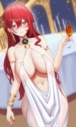 Rule 34 | 1girl, absurdres, armlet, bare hips, blush, bracelet, breasts, cup, dress, drinking glass, earrings, hair between eyes, hair ornament, highres, himeko (honkai: star rail), holding, holding cup, honkai: star rail, honkai (series), jewelry, large breasts, light smile, long hair, mole, mole on breast, nail polish, navel, orange eyes, plunging neckline, red hair, revealing clothes, ruinabyss, sideboob, single earring, solo, white dress, wine glass
