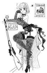 Rule 34 | absurdres, blunt bangs, blush, bob cut, bolt action, breasts, collar, dress, drunk, drunk bubbles, elbow gloves, garter straps, girls&#039; frontline, gloves, gun, high heel sandals, highres, jewelry, large breasts, monochrome, mosin-nagant, mosin-nagant (girls&#039; frontline), mosin-nagant (moonlit ocean) (girls&#039; frontline), necklace, rifle, sitting on chair, thighhighs, waze, weapon, wide hips