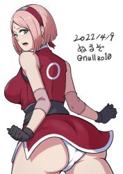 Rule 34 | 1girl, ass, black gloves, breasts, elbow pads, facial mark, forehead jewel, forehead mark, gloves, green eyes, hairband, haruno sakura, highres, huge ass, konohagakure symbol, naruto (series), open mouth, pink hair, red hairband, short hair, sideboob, solo, tagme, white background