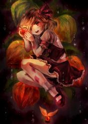 Rule 34 | 1girl, ankle socks, blonde hair, chinese lantern (plant), faux traditional media, fetal position, food, fruit, gradient background, hair over one eye, hair ribbon, highres, mary janes, ofuda, open mouth, peach, ribbon, rumia, sanso, shoes, short hair, short sleeves, skirt, skirt set, socks, solo, star (symbol), touhou